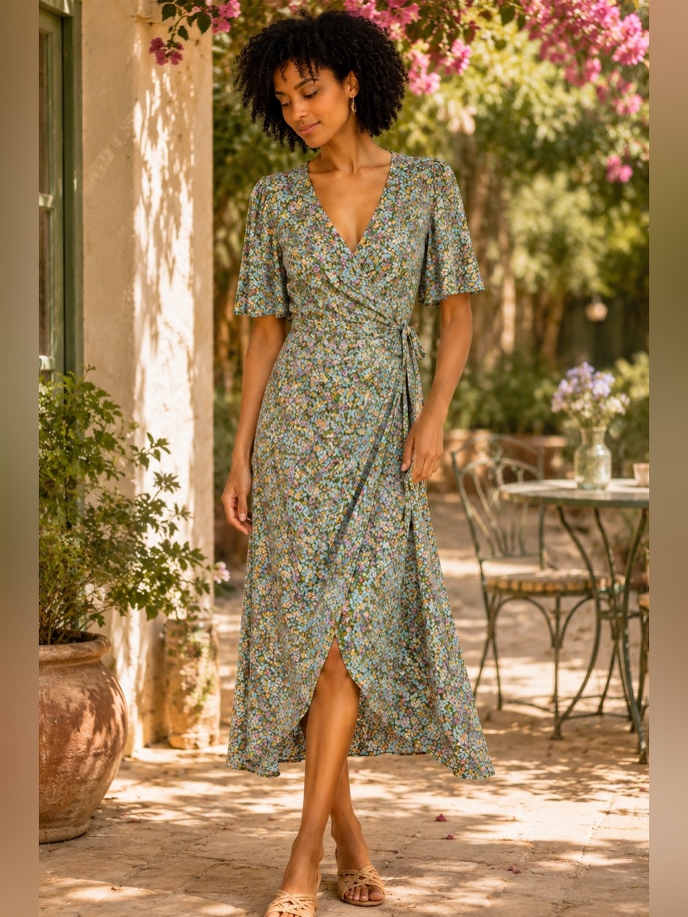 SILK & SALT Floral Granny Asymmetrical Wrap Midi Dress V Neck Flowy Boho Sz: M